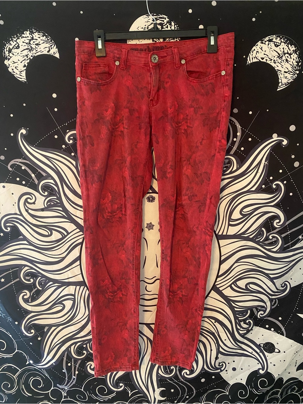 Vintage Y2K Women’s Emo Alt Grunge Low Rise Red Rose Printed Jeggings
